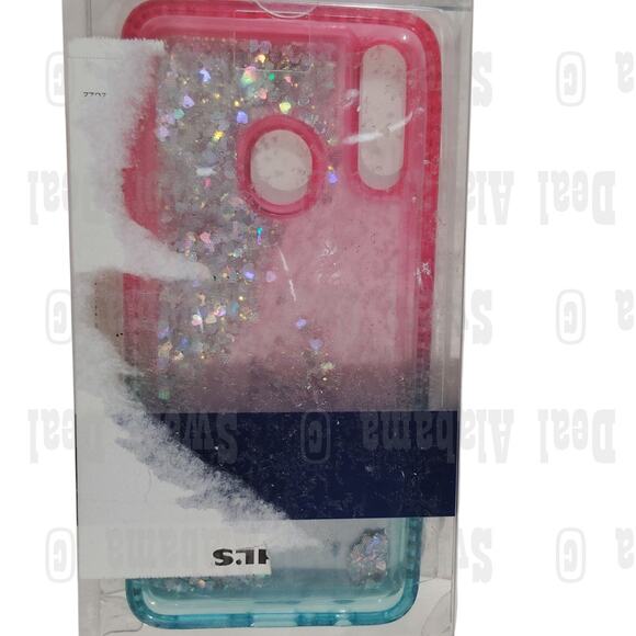 Cellphone Case For Samsung Galaxy A20s, Pink/Aqua w/ Glitter/Hearts Quicksand - Picture 6 of 6
